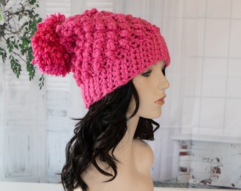 Hand Crochet Brennan Hat - PINK - Chunky Hat - Thick Chunky Textured Hat - Crochet Beanie - Slouchy Hat - Designer Hat - 1043-B11