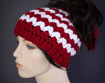 Hand Crochet Messy Bun Hat - 1028 - Mom Bun Hat - with Bow - Messy Bun Beanie - Top Knot Hat - Mom Life Beanie - Messy Bun - B8