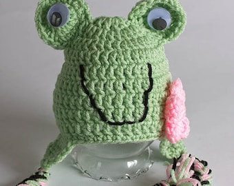 Hand Crochet Frog Hat - Newborn Photo Prop - Crochet Animal Hat - Baby Shower Gift - Ski Hat - Ear Flap Beanie - Frog Hat - #1004-115-B1-6