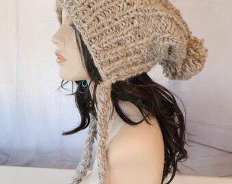 Split Brim Beanie – Hand-Knit Winter Hat with Braided Ties and Pom Pom - 1036