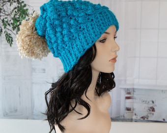 Hand Crochet Brennan Hat - AQUA BLUE - Chunky Hat - Thick Chunky Textured Hat - Crochet Beanie - Slouchy Hat - Designer Hat - 1043-B11