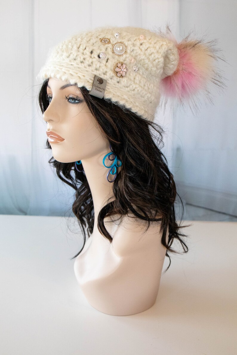 Romantique Beanie Slouchy Beanie Faux Fur Pom Pom 1016 Ivory Embellished Gems