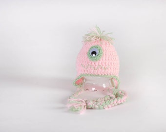 Hand Crochet Monster Hat - Newborn Photo Prop - Crochet Animal Hat - Cyclops Hat with Pom Pom - Ski Hat - Ear Flap Hat - #1004-108-B1-6