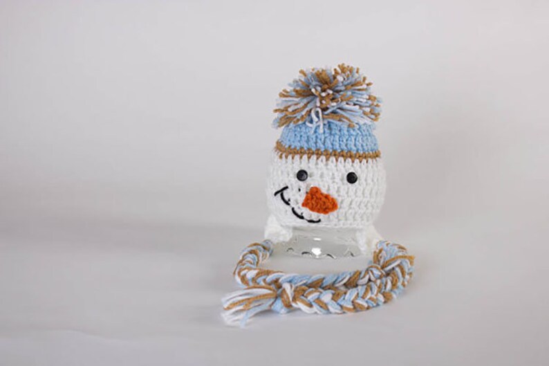 Hand Crochet Snowman Hat Newborn Photo Prop Snowman Ski Hat Baby Shower Gift Ski Hat Ear Flap Beanie Snowman 1004-140-B1-6 image 2