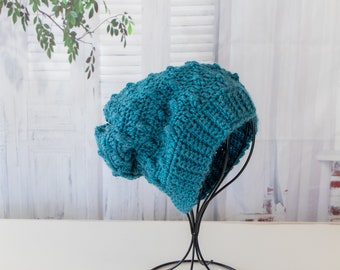 Hand Crochet Beanie - Heartland Bobble Drops Beanie - GLACIER BAY - Bead Stitch Beanie - Winter Hat - Slouchy Hat - 1077-B10