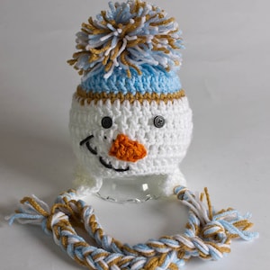 Hand Crochet Snowman Hat Newborn Photo Prop Snowman Ski Hat Baby Shower Gift Ski Hat Ear Flap Beanie Snowman 1004-140-B1-6 image 1