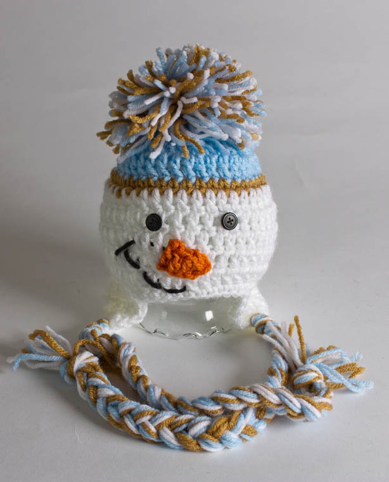 Hand Crochet Snowman Hat Newborn Photo Prop Snowman Ski Hat Baby Shower Gift Ski Hat Ear Flap Beanie Snowman 1004-140-B1-6 image 1
