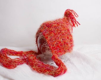 Hand Crochet Pixie Hat - Newborn Photo Prop - Red Variegated Pixie Hat - Elf Hat - Baby Bonnet - Baby Gnome Hat - Pixie Bonnet - B23