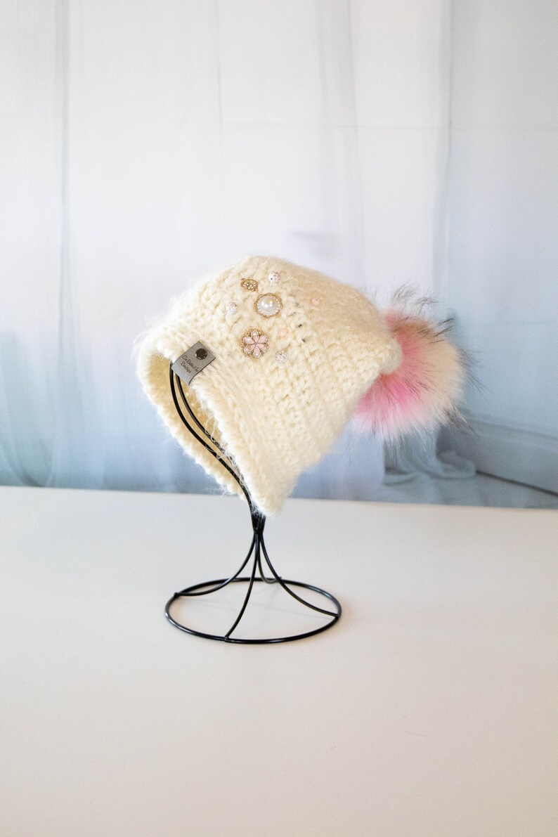 Romantique Beanie Slouchy Beanie Faux Fur Pom Pom 1016 Ivory Embellished Gems