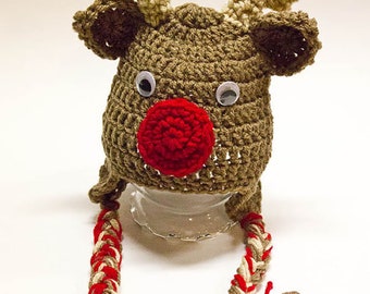 Hand Crochet Reindeer Hat - Newborn Photo Prop - Animal Hat - Deer Hat - Handmade Ski Hat - Ear Flap Beanie - Christmas Hat - #1004-138-B1-6