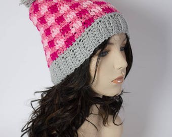 Hand Crochet Plaid Slouch Hat - Slouchy Beanie - Slouchy Ski Hat - Crochet Beanie - Handmade Gifts - Beanie with Pom Pom - 1026-B8