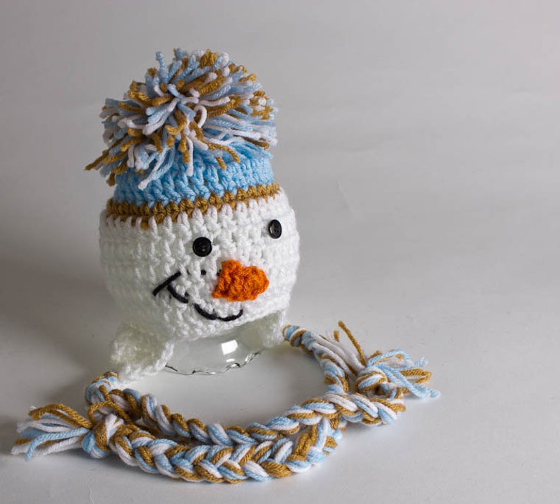 Hand Crochet Snowman Hat Newborn Photo Prop Snowman Ski Hat Baby Shower Gift Ski Hat Ear Flap Beanie Snowman 1004-140-B1-6 image 3