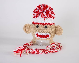 Hand Crochet Monkey Hat - Newborn Photo Prop - Crochet Animal Hat - Baby Shower Gift - Handmade Ski Hat - Ear Flap Beanie - #1001-141-B1-6