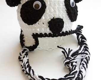 Hand Crochet Panda Hat - Newborn Photo Prop - Panda Bear Hat - Crochet Animal Hat - Ski Hat - Ear Flap Beanie - Panda Hat - #1004-131-B1-6