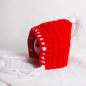 Hand Crochet Pixie Hat - Newborn Photo Prop - Pixie Bonnet - Red Pom Pom Bonnet - Elf Hat - Baby Bonnet - Baby Gnome Hat - B23