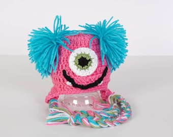 Hand Crochet Cute Monster Hat - Newborn Photo Prop - Cyclops Hat - Cyclops with Pony Tails - Ski Hat - Ear Flap Beanie - #1004-110-B1-6