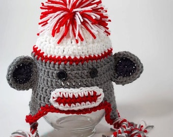 Hand Crochet Monkey Hat - Newborn Photo Prop - Crochet Animal Hat - Monkey Ski Hat - Ear Flap Hat - #1004-141-B1-6