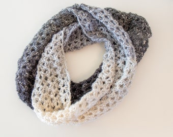 Hand Crochet Scarf - Lacy Infinity Scarf - Infinity Scarf - Lacy Knit Scarf - Gray and Cream Crochet Scarf - Gifts for Women - 2000 - B31