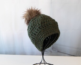 Hand Crochet Sabrie Wool Beanie with Pom Pom - Kale - Chunky Wool Hat - 1039-B9