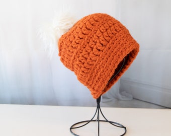 Hand Crochet Sabrie Wool Beanie with Pom Pom - Pumpkin - Chunky Wool Hat - 1039-B9