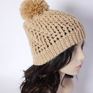 Handmade Textured Crochet Beanie with Yarn Pom – Soft Acrylic Winter Hat for Women – 1038-B8 image 4