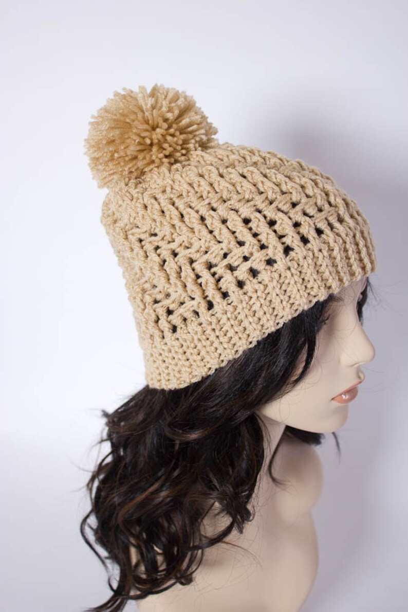 Handmade Textured Crochet Beanie with Yarn Pom – Soft Acrylic Winter Hat for Women – 1038-B8 image 4