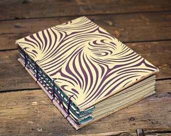 Purple Swirls, Zebra print Journal, Vintage Inspired Guest book, coptic bound Book, First Anniversary Gift,  blank journal, sketch book,