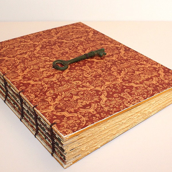 Large Rusty Red and Gold Heirloom Journal with Vintage Brass Skeleton Key Handmade