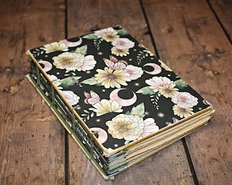 Moon and Butterfly Journal, Pink Handmade Journal, Dream Journal, blank notebook, travel journal, garden notebook, gardener gift, insects,
