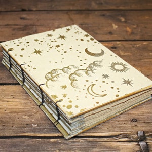 Moon and Stars Journal, Dream Journal, Cream and Gold book, Coptic Journal, Stars, cloud journal, Coptic Bound, Sleep Journal, Night sky