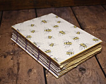 Honey Bee Journal, Lavender Notebook, Bee Garden Journal, Spring Writing Notebook, Handmade Book, Coptic bound notebook, blank journal, art