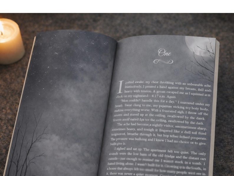 Open paperback book showing illustrated chapter page with moonlit sky design and grey interior pages under candlelight.