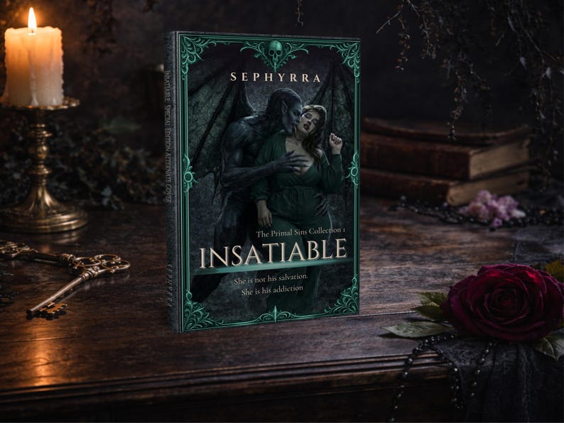 Insatiable alternate cover paperback standing upright on a wooden table with antique key, candlelight, and red rose in a gothic styled scene.