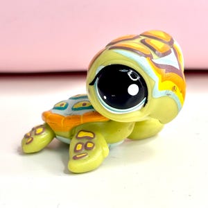 May include: A small, plastic turtle figurine with a detailed design. The turtle features a green body, orange and blue shell accents, and large, expressive black eyes. The head is yellow with orange and brown patterns.