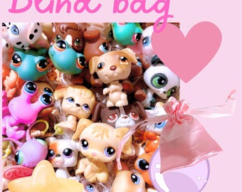 Puede incluir: Una colección de figuras LPS (Littlest Pet Shop) vintage coloridas, incluyendo perros, gatos y otros animales, con una bolsa ciega rosa, una estrella y un corazón sobre un fondo rosa. El texto dice "Vintage LPS Blind bag."