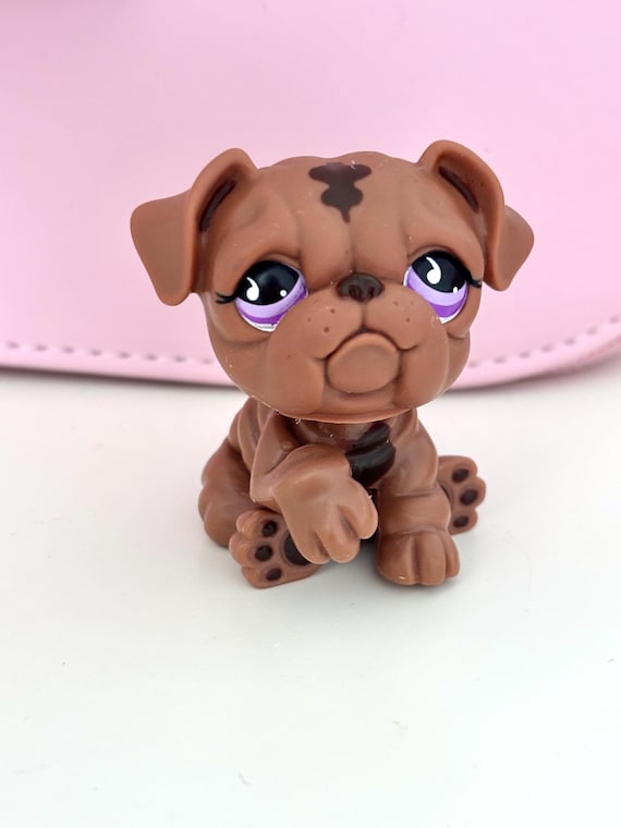 Littlest Pet Shop # 881 Brown Sitting Paw up Bulldog Purple Tear 