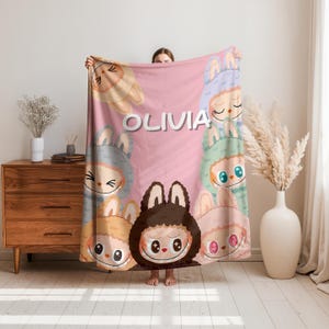 Personalized Labubu Blanket,Custom Labubu Theme Flannel Blanket,Cute Labubu Blanket with Name,Labubu Lover Gift for Kids,Cartoon Labubu Gift