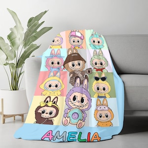 Personalized Labubu Blanket,Custom Labubu Theme Flannel Blanket,Cute Labubu Blanket with Name,Labubu Lover Gift for Kids,Cartoon Labubu Gift