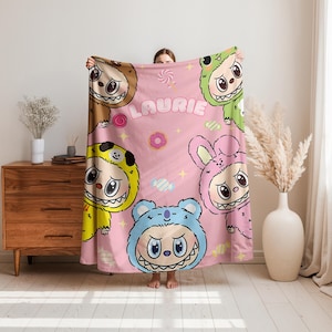 Personalized Labubu Blanket,Custom Labubu Theme Flannel Blanket,Cute Labubu Blanket with Name,Labubu Lover Gift for Kids,Cartoon Labubu Gift
