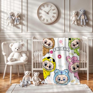 Personalized Labubu Blanket,Custom Labubu Theme Flannel Blanket,Cute Labubu Blanket with Name,Labubu Lover Gift for Kids,Cartoon Labubu Gift