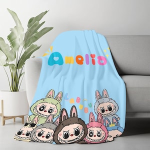 Personalized Labubu Blanket,Custom Labubu Theme Flannel Blanket,Cute Labubu Blanket with Name,Labubu Lover Gift for Kids,Cartoon Labubu Gift