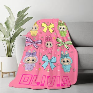 Personalized Cute Monster Theme Blanket,Cozy Labubu Throw for Nursery Gift,Lsbubu Lovers Blanket,Kids Room Decor,Custom Kids Name Blanket