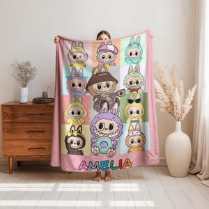 Personalized Labubu Blanket,Custom Labubu Theme Flannel Blanket,Cute Labubu Blanket with Name,Labubu Lover Gift for Kids,Cartoon Labubu Gift