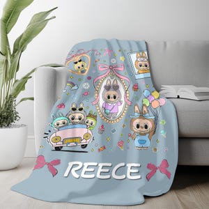 Custom Labubu Flannel Blanket,Personalized Cute Labubu Blanket with Name,Labubu Cartoon Character Blanket for Kid,Labubu Lover Birthday Gift