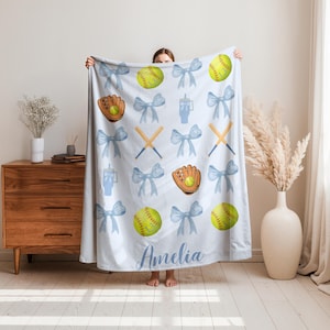 Personalized Softball Team Blanket,Custom Softball Gift for Her,Coquette Bow Baseball Blanket,Softball Mom Blanket,Softball Player Name Gift