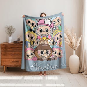 Personalized Labubu Blanket,Custom Labubu Theme Flannel Blanket,Cute Labubu Blanket with Name,Labubu Lover Gift for Kids,Cartoon Labubu Gift