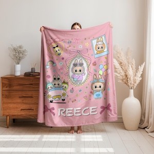 Custom Labubu Flannel Blanket,Personalized Cute Labubu Blanket with Name,Labubu Cartoon Character Blanket for Kid,Labubu Lover Birthday Gift