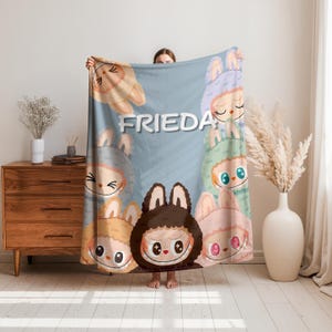 Personalized Labubu Blanket,Custom Labubu Theme Flannel Blanket,Cute Labubu Blanket with Name,Labubu Lover Gift for Kids,Cartoon Labubu Gift