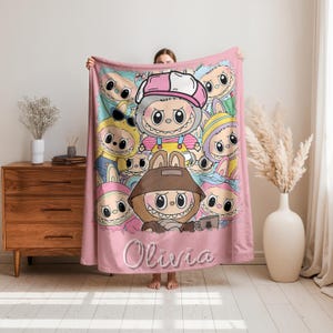 Personalized Labubu Blanket,Custom Labubu Theme Flannel Blanket,Cute Labubu Blanket with Name,Labubu Lover Gift for Kids,Cartoon Labubu Gift
