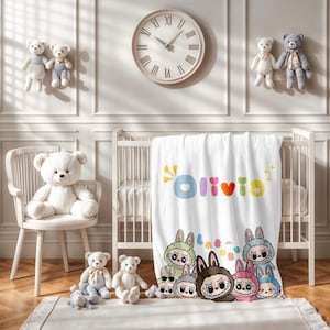 Personalized Labubu Blanket,Custom Labubu Theme Flannel Blanket,Cute Labubu Blanket with Name,Labubu Lover Gift for Kids,Cartoon Labubu Gift